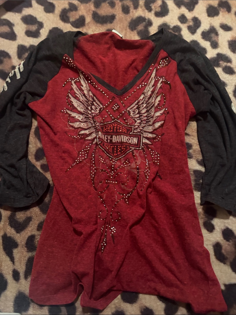 Harley-Davidson Red & Black Winged Logo Long Sleeve V-Neck Tee